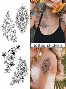 1 Set Of 4 Piece Flower Tattoo Stickers Waterproof Lasting 1 Week 2 Weeks Sexy For Girls Arm Chest - Black - View 2
