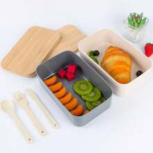 1pc Japanese Style Wheat Straw Bento Box With Dividers, Portable Plastic Lunch Box For Office Workers - White - View 7