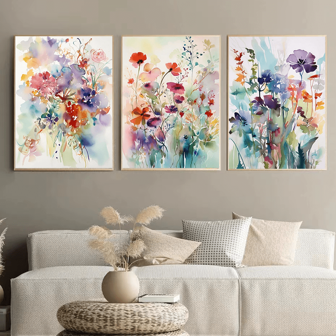 3 件美丽的花朵水彩家居装饰海报、客厅壁画、装饰品和挂画，紫色和橙色，无框架