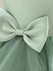 Baby Girl Tulle Dress With Bow Decor Waist, Elegant And Dress Suitable For Birthday Party, Does Not Include Headwear