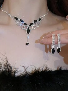 Andkiss 1set Diamond Inlaid V-Shape Tassel Earrings & Necklace - Multicolor - View 1