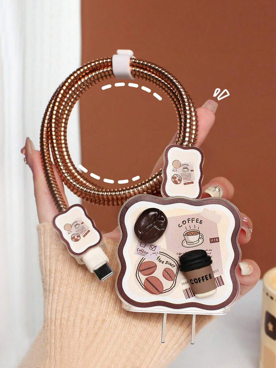 5pcs/Set Coffee Bean Design Accessories For 1.5m Cable Organizer, Cable Fixer, Anti-Break Data Cable, Tpu Charging Head, Protective Case Compatible With Iphone 12/13/14 And 20w Quick Charge