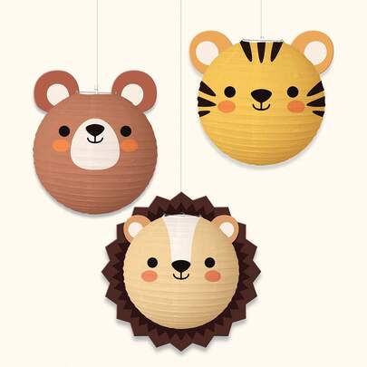 3 pièces Lanternes en papier avec animaux de dessin animé, lanternes en papier suspendues avec animaux de la jungle comme le tigre, le lion, l'ours pour anniversaire, baby shower, décoration de Noël