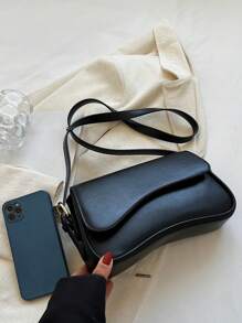 Bolso Cuadrado Con Solapa Minimalista Old Moeny, Bolso Debajo Del Brazo De Solapa De Color Sólido Simple, Bolso De Piel Sintética Texturizada Y Versátil De Moda