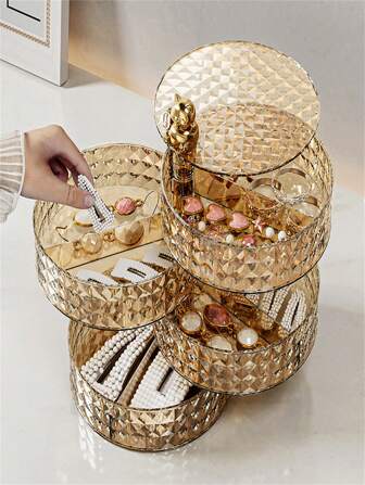 1 pièce Plateau de rangement de luxe doré ambré haute capacité pour salon de la maison, organisateur de maquillage, plat rotatif de rangement pour bijoux, fournitures cosmétiques