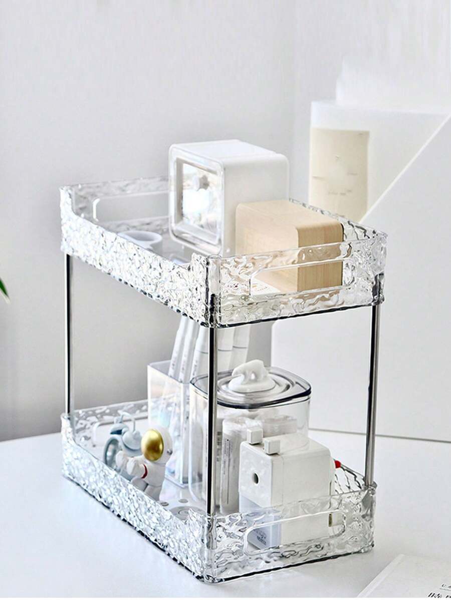 1pc Luxury Clear Glacier Pattern Pet Multifunctional Desktop Cosmetic & Sundries Storage Rack For Bathroom, Bedroom - Clear - View 1