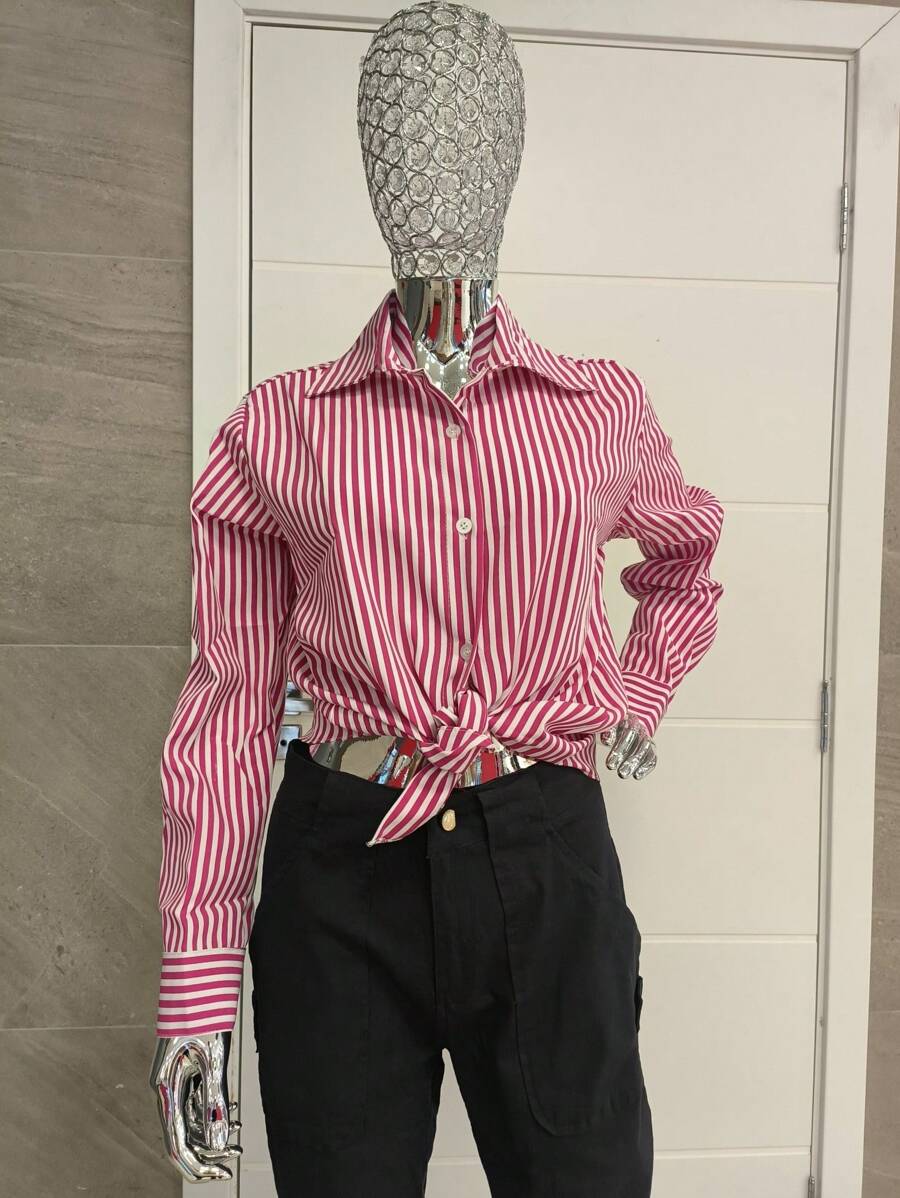 Camisa feminina social listrada manga longa - Rosa chiclete - Visão 1