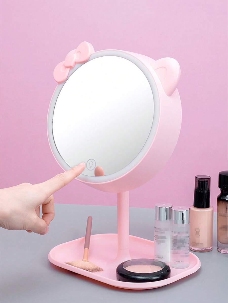 1pc Three Tone Adjustable Led Lighted Tabletop Vanity Mirror, Portable & Dual Use Cosmetic Mirror - Pink - View 1