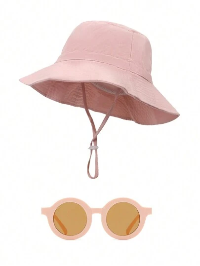 2PCs Baby Sun Hat With Glasses In One Set Quick-Drying Bucket Breathable Children's Sun Hat Baby Basin Hat Beach Sun-Ion Bucket Hat