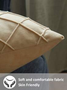 1 Pieza Funda De Almohada Acanalada En Forma De Diamante Con Estampado De Cuadros De Franela, Suave Y Resistente A La Decoloración, De Color Sólido Y Forma Geométrica Rectangular - Beis - Ver 3
