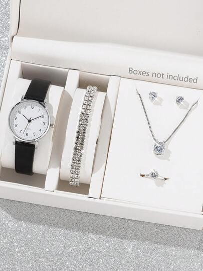 7pcs/Set Ladies Watch Ladies' Fashionable Pu Leather Simple Wristwatch, Business Alloy Pendant Necklace, Earrings, Ring, Rhinestone Bracelet & Quartz Watch Accessory Kit