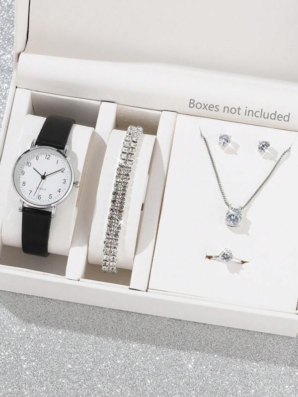7pcs/Set Ladies Watch Ladies' Fashionable Pu Leather Simple Wristwatch, Business Alloy Pendant Necklace, Earrings, Ring, Rhinestone Bracelet & Quartz Watch Accessory Kit