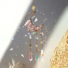 1入手工製作的月亮形水晶捕夢網,配有星形棱鏡和彩虹製造器。適合作為捕夢網、遮陽網或飾品掛在窗戶、花園、家庭、院子等地方 - 彩色 - 查看 4