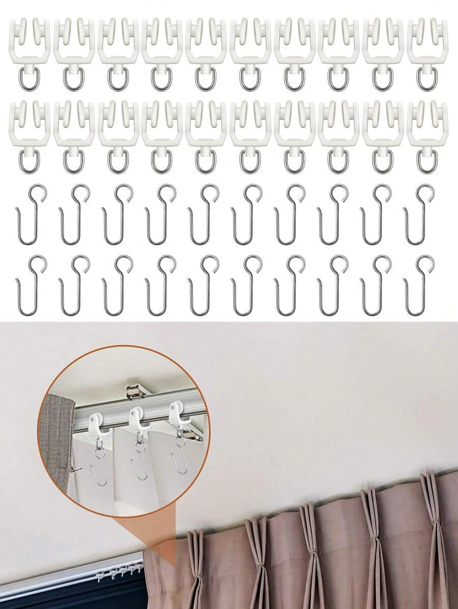 40入組窗簾軌道滑輪,20入組窗簾滑軌輪帶20入組s形窗簾軌道掛鉤,塑料懸掛於吊頂軌道之上