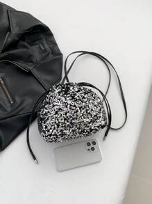 1 件抽绳封口 PVC 闪亮时尚个性化水桶包，配有可拆卸肩带，适合女士日常穿着/派对使用/宴会，珠子材质，时尚斜挎包、手提包、抽绳包 - 銀色 - 查看 6