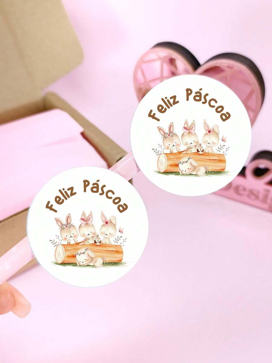 100 Adesivos De Papel 4cm "Feliz Páscoa coelhos fofos" Para Decorar Embrulhos Presentes e Pacotes de páscoa - Multicolorido - Visão 1