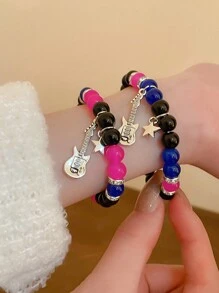 2pcs European And American Style Beaded Bracelet With Star-Shaped Stone Pendant, Couple Jewelry For Women, Valentine's Day Gift - Multicolor - View 13