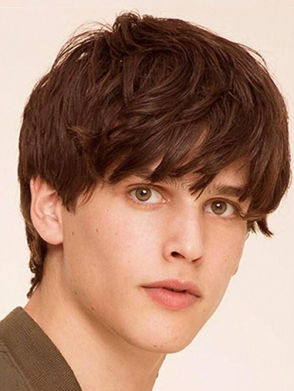 Men's Fashionable Short Bob Wigs With Bangs, Synthetic Fibers, Brown, Natural Volume, Suitable For Daily Wear