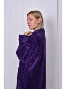 Women Robes Warm Plush Winter Robe, Zip Up Long Fleece Bath Robes Female, Zipper Bathrobes For Women - Purple - View 2