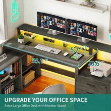 65Inch L Shaped Desk With Power Outlets And Monitor Stand , Computer Desk With LED Lights &File Cabinet, Corner Desk With 3 Drawers & 4 Open Storage Shelves, Modern Home Office Desk - Màu xám đen - Xem 6