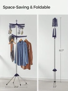 SONGMICS Clothes Airer, Clothes Drying Rack With 3 Rotatable Arms For Hangers, 4-Leg Indoor Folding Laundry Rack, Stainless Steel, For Clothes And Socks, 183 Cm High, Blue And Silver - Blue - View 2