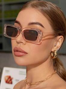 1pc Vintage Rectangular Plastic Frame Sunglasses For Women, Fashionable Classic Style, Outdoor Travel, Beach Vacation, Uv Protection Sunglasses Beach Sun Glasses Beach Accessories For Women Sun Glasses Sunglasses Shades Basics And Suit For Sweater Jeans Sweatpants Hoodie Jackets Dress And Long Sleeve Shirt Fashionable Shade Elegant Outfit Family Outings Travel Vacation Holiday - 彩色 - 查看 2