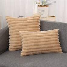 1pc Khaki Color Rabbit Fur Stripe Pattern Throw Pillow Cover Without Pillow Core, Solid Faux Rabbit Fur Plush Cushion Cover, Suitable For Sofa Cushions, Car Pillows, Decorative, Warm For Winter - Khaki - View 1