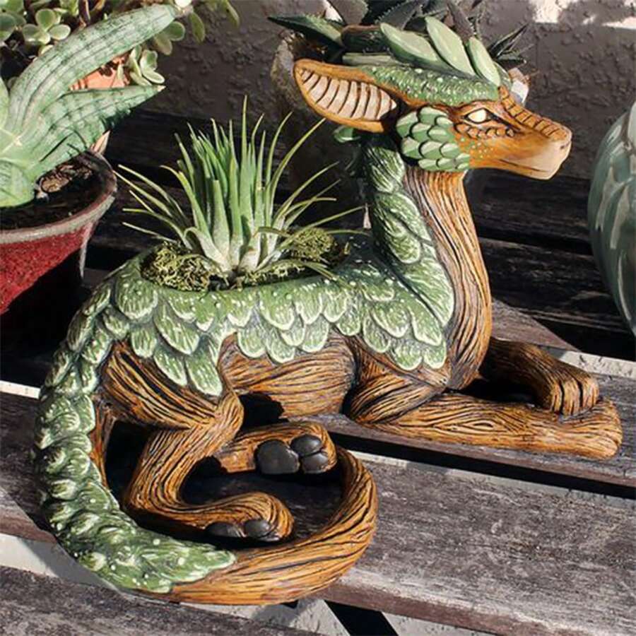 Cute & Delicate Texture Detail, A Couple Of Forest Guardians - Dragons And Elves Resin Material Succulent Plant Boxes Outdoor Garden Ornaments And Desk Decorations Suitable For Garden And Home. Perfect For Back-To-School Season, Ideal Gift For Classmates, Teachers, Friends And Couples. - Dark Green Succulent a - View 1