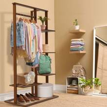 Bamboo Clothes Rail Rack: Portable Open Wardrobe For Hanging Clothes Garment Rack Stand With 5 Tier Storage Shelves Tidy Rail Shoe Rack For Clothes Hats Bags Halloween Decorations Halloween Costumes Autumn Decor Festival Decor - Brown - View 3