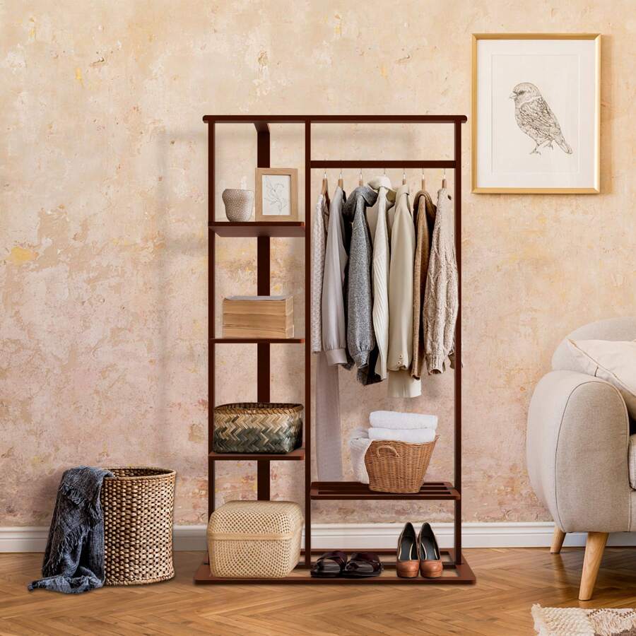 Bamboo Clothes Rail Rack: Portable Open Wardrobe For Hanging Clothes Garment Rack Stand With 5 Tier Storage Shelves Tidy Rail Shoe Rack For Clothes Hats Bags Halloween Decorations Halloween Costumes Autumn Decor Festival Decor - Brown - View 1