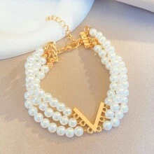 Conjunto De Collar Y Pulsera V En Capas Con Perlas Blancas Simuladas - Dorado - Ver 4
