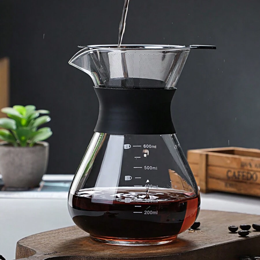 1 bình pha cà phê thủy tinh borosilicate cao 400ml/600ml có bộ lọc bằng thép không gỉ, vạch chia độ và tay cầm chịu nhiệt, đồ dùng học tập - trong suốt - Xem 1