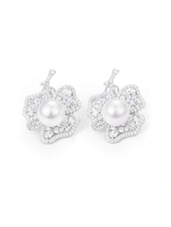 Dissoo 1 Paar Luxuriöse und hochwertige Ohrstecker mit Kunstperle und weißem kubischen Zirkonia in 925er Silber, Hochzeitsschmuck, Brautschmuck, Valentinstag