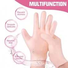 1對保濕手套,柔軟矽膠,修復肌膚,可重複使用,適合手部護理,米色/粉色 - 杏色 - 查看 3