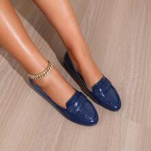 Chóp giầy tròn Da bằng sáng chế Giày đế bệt , Bốn mùa , Da mềm Và Nhẹ , Màu thuần , Giải trí Giày lười Giày dép - Màu xanh bụi bặm - Xem 4