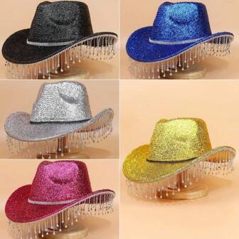 1pc Sparkly Women's Western Cowboy Hat With Rhinestone & Tassel For Party, Stylish Knitted Felt Jasper Jazz Hat Wide Brim Sun Hat For Outdoors, Vacation And Photography Cowboy Hat Cowgirl Hat Halloween