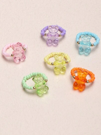 NAIZHU Set de 6 piezas de anillos con colgante de oso de peluche de color caramelo con diseño de dibujos animados, joyas de moda para niñas