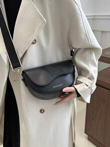 1pc Fashionable Solid Color Simple Flap Design Mini Shoulder Bag Suitable For Women's Daily Use, Date Gift - Black - View 3
