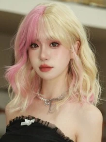 7JHH WIGS Tóc giả Bob ngắn gợn sóng màu vàng tóc giả có mái highlight màu hồng dài ngang vai cho phụ nữ trông tự nhiên tổng hợp chịu nhiệt tóc giả tiên nữ cho tiệc hóa trang Rave sử dụng 16 inch - Vàng - Xem 2
