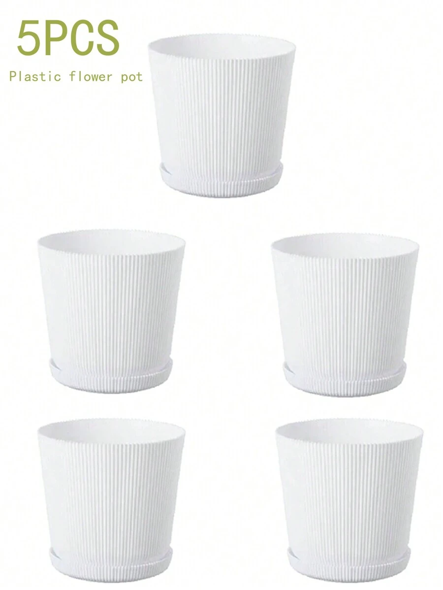 5 件装花盆，带排水孔和托盘的塑料花盆，适用于室内外花园、庭院、植物礼品容器和户外装饰 - 白色 - 查看 1