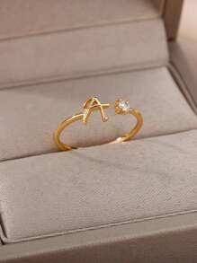 1 pieza Anillo con inicial de la A a la Z de moda para mujer, color dorado, de acero inoxidable, ajustable, joyería de boda, regalo
