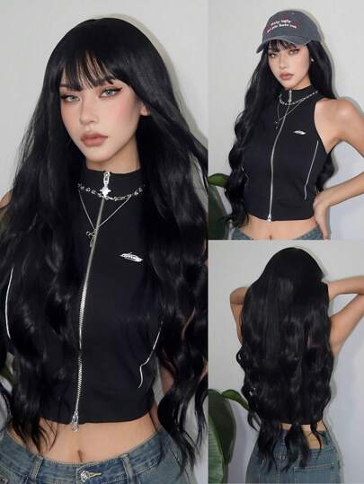 30英寸黑色長卷曲羽毛短髮女用自然合成軟髮假髮，適用於日常派對和學校佩戴