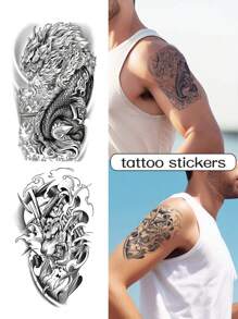 2入組老虎和獨角獸刺青貼紙,防水持久1週或2週,男生手臂和胸部帥氣必備 - 黑色 - 查看 2