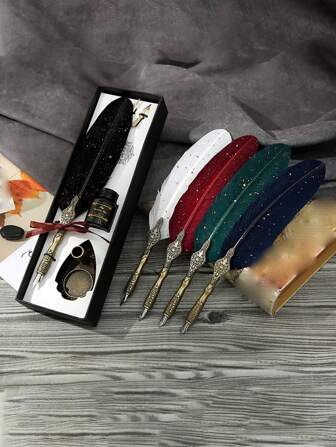 1set Vintage Signature Pen Set, Feather Dip Pen With Glittering Ink And 2 Replacement Nibs, Perfect For Calligraphy And Antique Writing, Valentine's Day Gift, Mother's Day Gift, High-Grade Packaging Gift Back To School