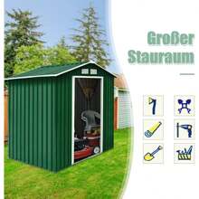 Metall Gerätehaus 213 x 127 x 185 cm, Gartenhaus mit Schiebetür & Fundament & Fenster, Geräteschuppen für Geräte & Werkzeuge, Farbewahl (Grün) - Grün - Übersicht 4