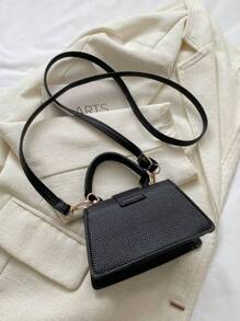 迷你純色簡約斜跨包,優雅的pu肩背包,時尚休閒手提包,手機包,化妝包,適合女性日常使用 - 黑色 - 查看 9