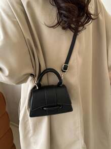 迷你純色簡約斜跨包,優雅的pu肩背包,時尚休閒手提包,手機包,化妝包,適合女性日常使用 - 黑色 - 查看 7