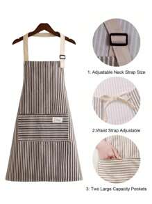 1/5件装亚麻围裙，绿白条纹围裙，成人厨房围裙，透气时尚围裙，厨房用品防油烹饪防护围裙，带可调节肩带