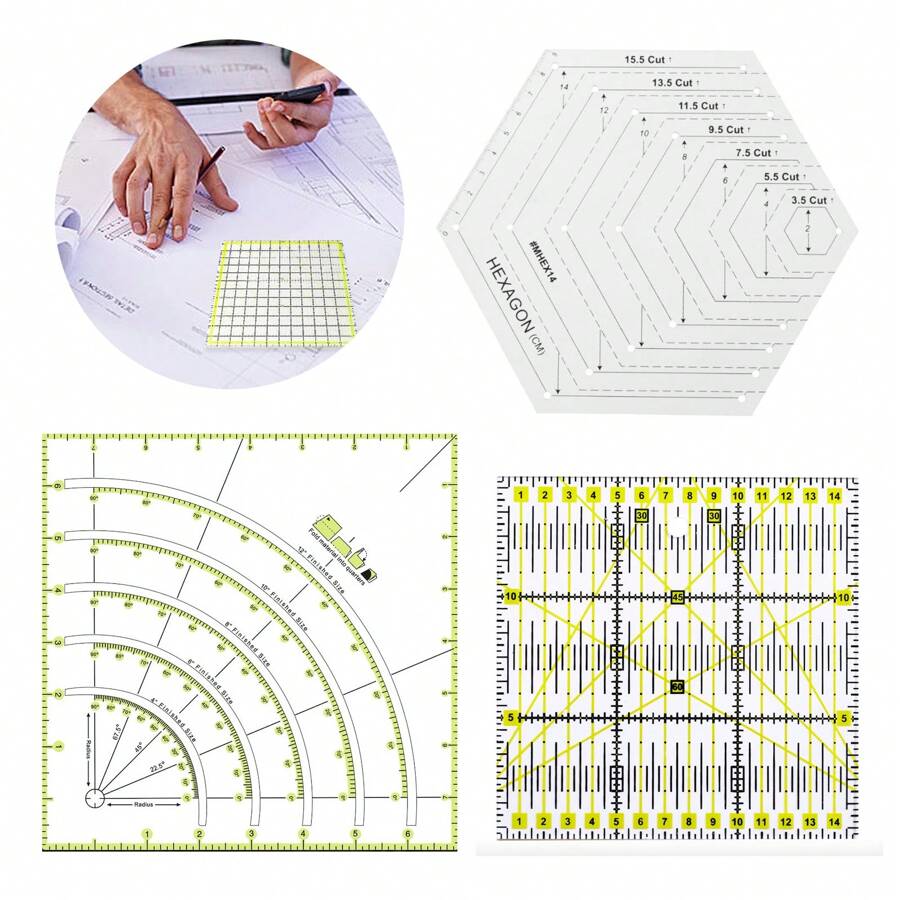 Conjunto De Reglas De Costura De 3 Paquetes, Regla De Corte De Círculo De Acolchado Con Formas De Arco, Abanico Y Hexágono, Plantilla De Acrílico Transparente Para Medir, Cortar Y Acolchar Manualidades De Costura Diy - Multicolor - Ver 1