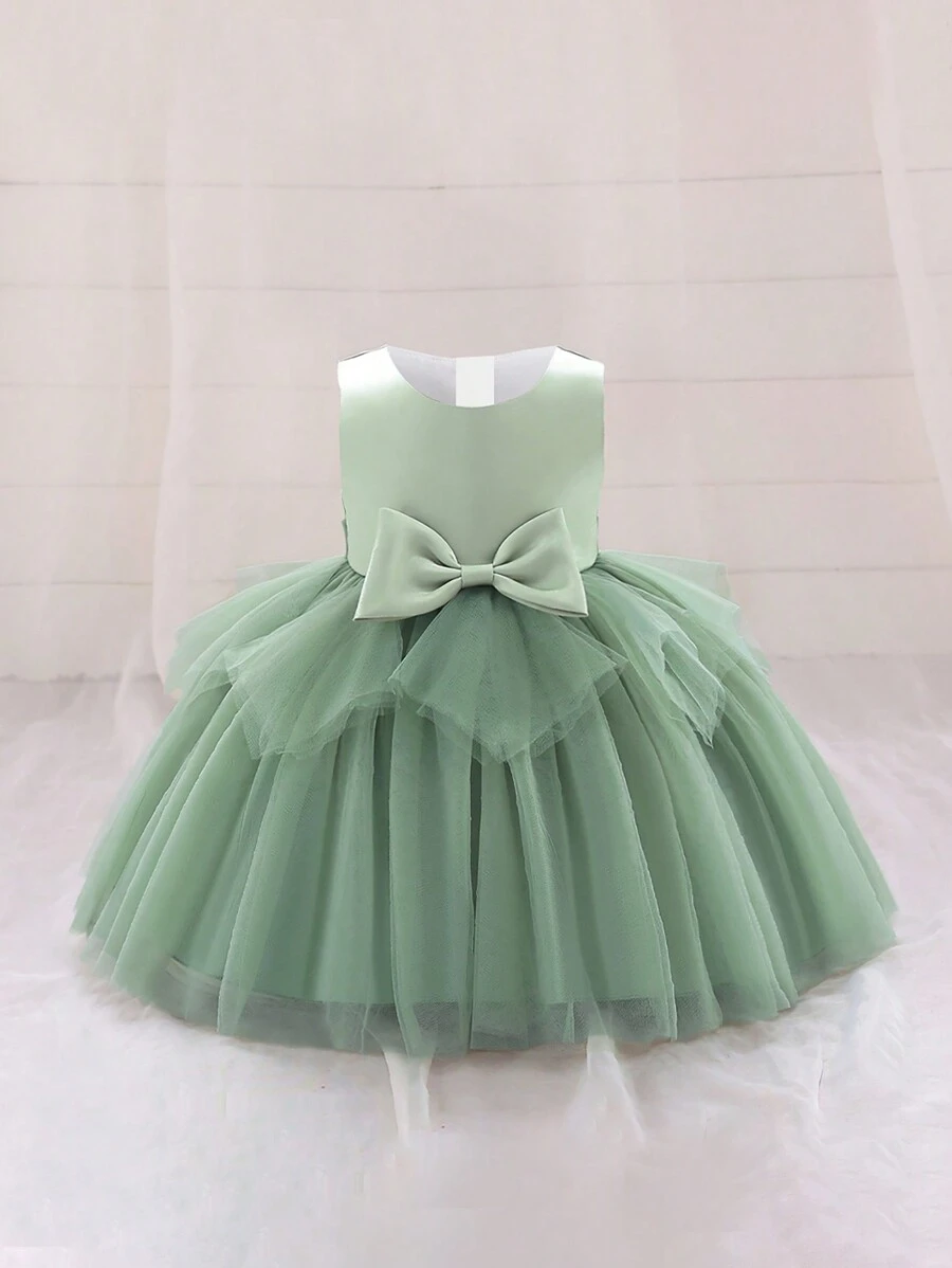 Baby Girl Tulle Dress With Bow Decor Waist, Elegant And Dress Suitable For Birthday Party, Does Not Include Headwear